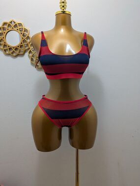 Parade Silky Mesh Scoop Bralette & Cheeky Underwear Set - Red/Blue Stripe L